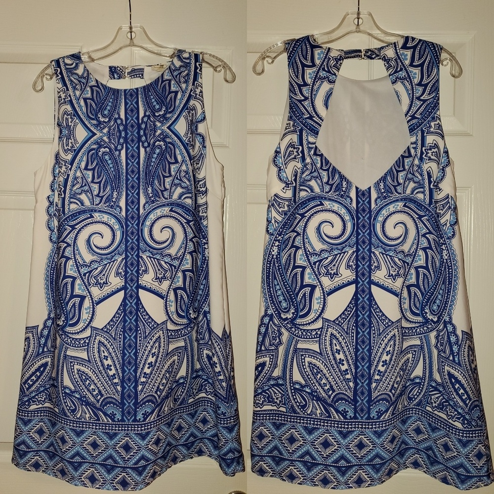 Cute blue print shirt dress w/keyhole back